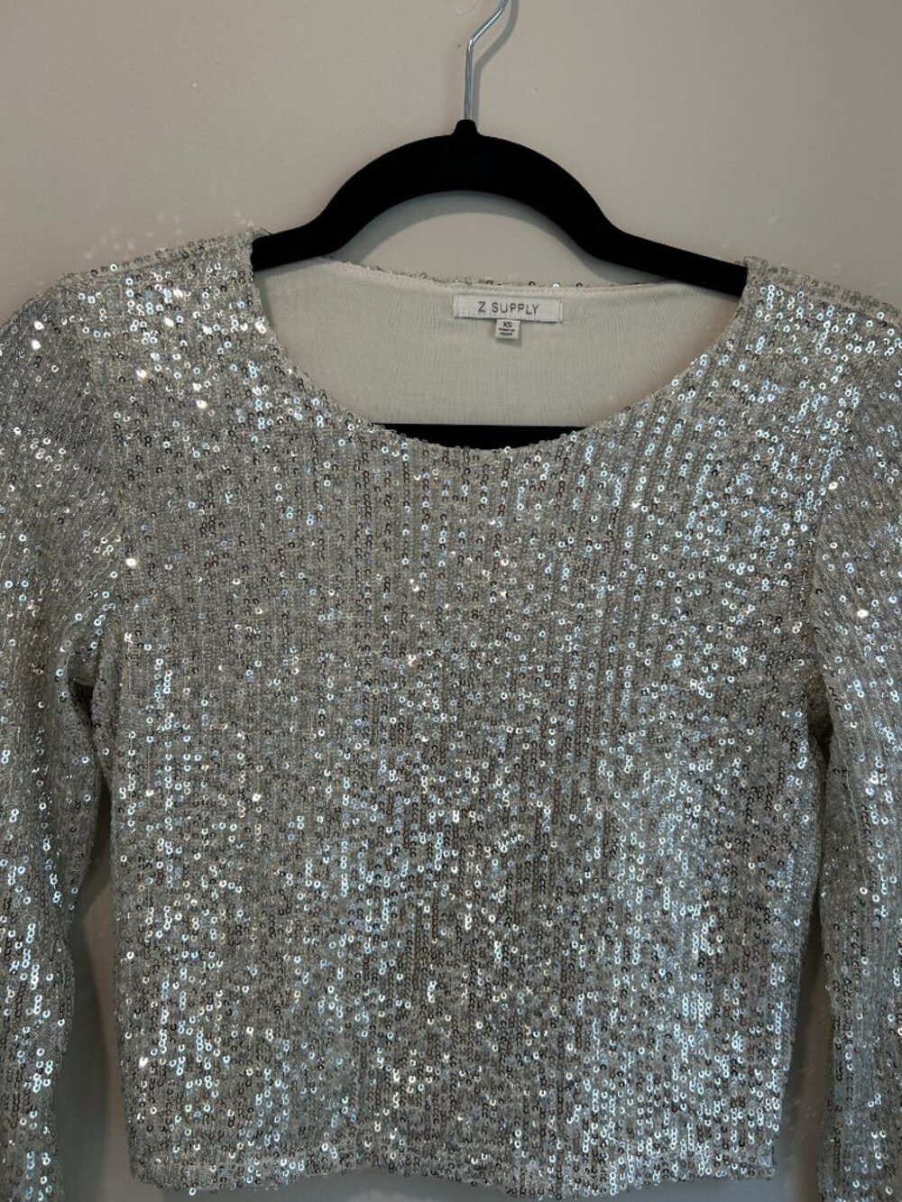 Z Supply Aurora Sequin Top XS Silver Long Sleeve Party Holiday Glam Crop Top - Picture 3 of 7